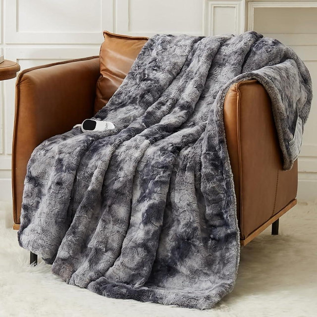 Homemate Heated Blanket Electric Throw - 62"x84" Heating Blanket Throw 1/2/4/6/8 Hours Auto-Off 10 Heat Level Over-Heat Protection Luxury Faux Fur Sherpa ETL Certification