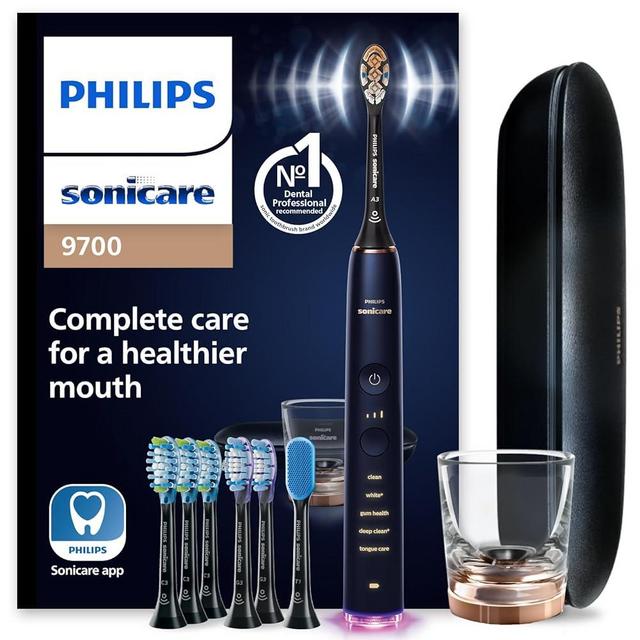 Philips Sonicare DiamondClean Smart 9700 Electric Toothbrush, Sonic Toothbrush with App, Pressure Sensor, Brush Head Detection, 5 Brushing Modes and 3 Intensity Levels, Lunar Blue, Model HX9957/71