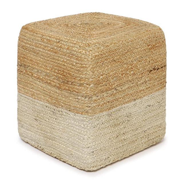 · REDEARTH · Cube Pouf Ottoman -Braided Pouffe Accent Chair Square Seat Footrest for Living Room, Bedroom, Nursery, kidsroom, Patio, Gym; 100% Jute (14.5"x14.5"x16"; Natural Ivory)