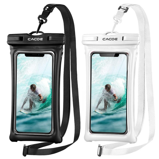 CACOE Floating Universal Waterproof Phone case 2 Pack-Up to 7.0",Phone Pouch with Adjustable Neck Lanyard,IPX8 Cell Phone Dry Bags for Vacation Water Activities（Black+White）