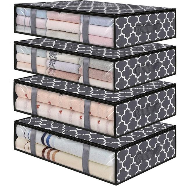 StorageRight Storage Bins, Under Bed Storage Containers, Foldable Clothes Storage Box, Storage Organizer, with Handles, for Comforter, Blanket, Clothing, Sweaters, Pillows, Toys, Grey, 4-Pack