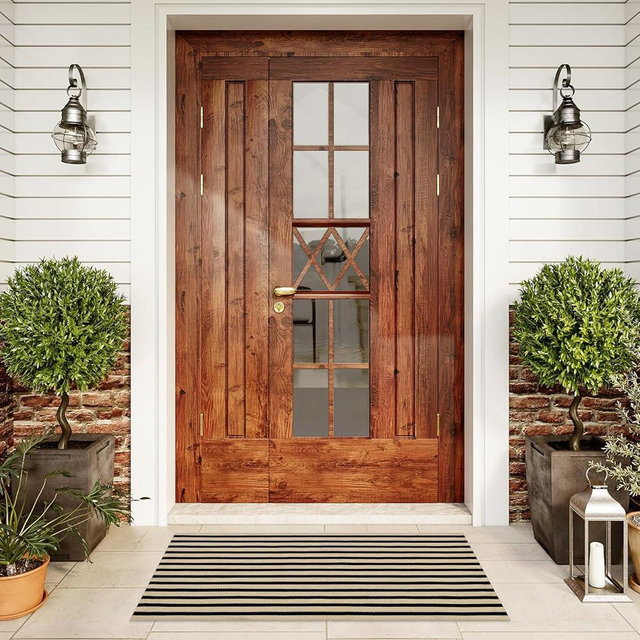 LEEVAN Door Mat Outside Entrance Washable Welcome Mat Black and White Outdoor Rug Farmhouse Front Porch Mats Outside Striped Layered Front Doormat for Porch/Entryway