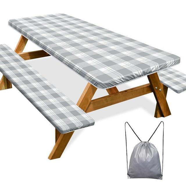 Picnic Table Cover with Bench Covers 3 Pcs Waterproof Windproof Camping Tablecloth with Drawstring Bag, Fitted Rectangle Tables and Seats, 72in, Grey Checkered