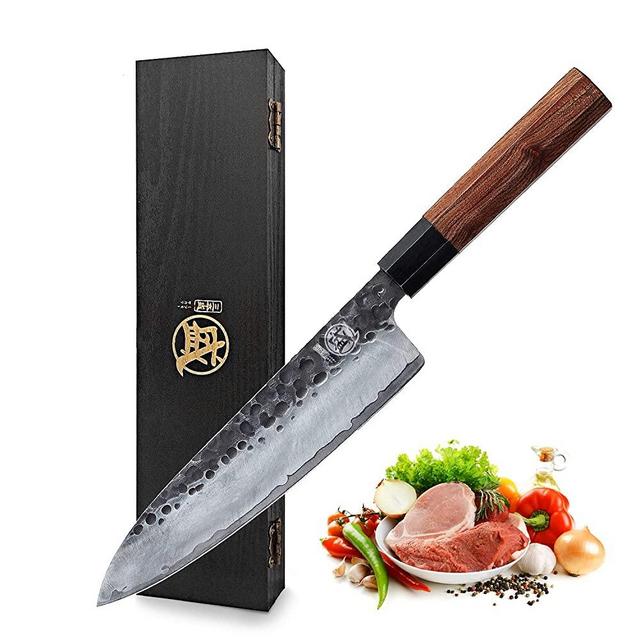 MITSUMOTO SAKARI 8 inch Japanese Gyuto Chef Knife, Professional Hand Forged Kitchen Chef Knife, 3 Layers 9CR18MOV High Carbon Meat Sushi Knife (Rosewood Handle & Gift Box)