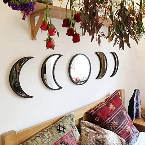 5 Pieces Scandinavian Natural Decor Acrylic Wall Decorative Mirror Interior Design Wooden Moon Phase Mirror Bohemian Wall Decoration for Home Living Room Bedroom Decor - No need to punch (Black)