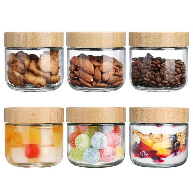 6 Pack 10oz Glass Jars with Bamboo Lids, Over Night Oats Container with Airtight Lid, Glass Snack Storage Salad Jars For Food, Yogurt, Sugar and Flour,Coffee Bean, Cookie, Cereal