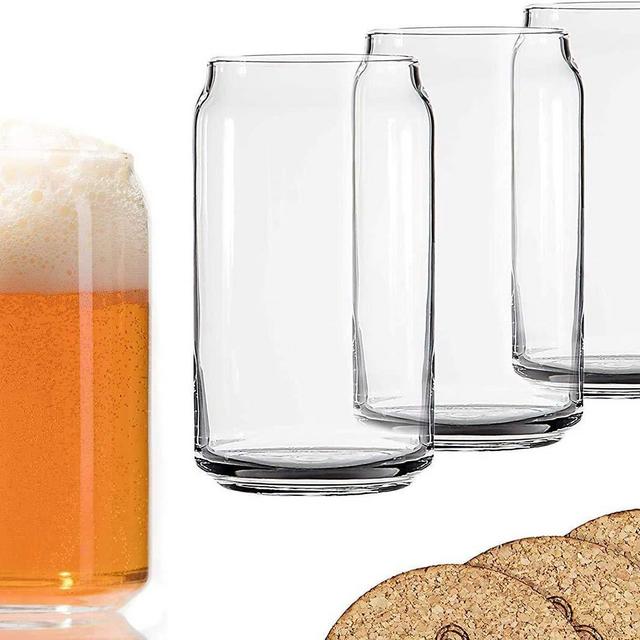 Ecodesign Drinkware Beer Glass Can Shaped 16 oz - Pint Beer Glasses 4 PACK w/coasters