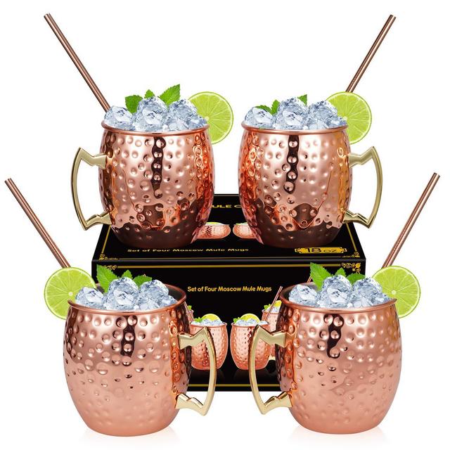 Widousy Moscow Mule Copper Mugs - Set of 4-HANDCRAFTED - Solid Copper Mugs 16 oz Gift Set with BONUS ：4 Cocktail Copper Straws