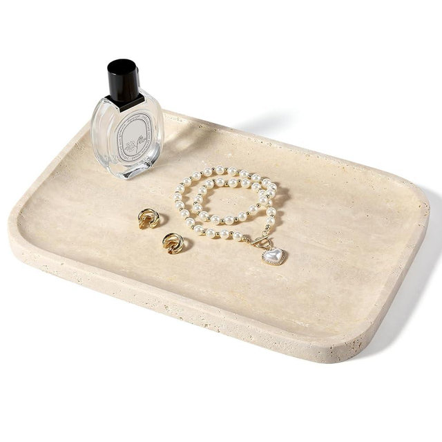 Koville Romano Travertine Tray, 12"x8" Natural Stone Vanity Tray for Countertop Bathroom Kitchen Dresser, Decorative Marble Catchall Trays for Perfume Jewelry, Rectangular Serving Tray(Beige)