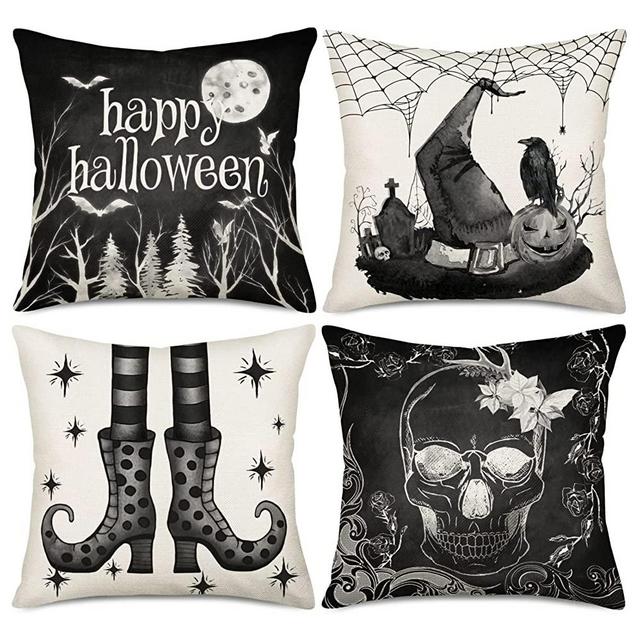 Aremetop Halloween Decor Pillow Covers 22x22 Inch Set of 4 Black and White Farmhouse Pumpkin Skull Crow Spider Web Halloween Decorations Outdoor Fall Pillows Decorative Throw Cushion Case