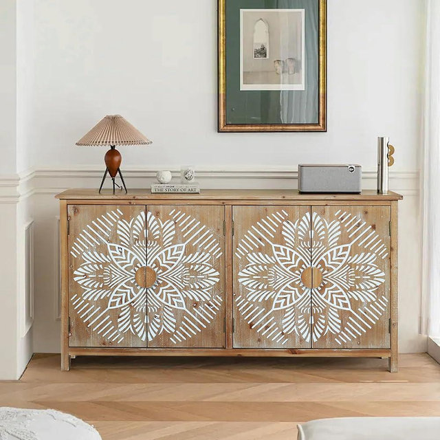 LKTART 60" Sideboard Buffet Cabinet,Vintage Accent Credenza Storage with Carved Doors,Media Console Cabinet for Entryway, Living&Dining Room Organization