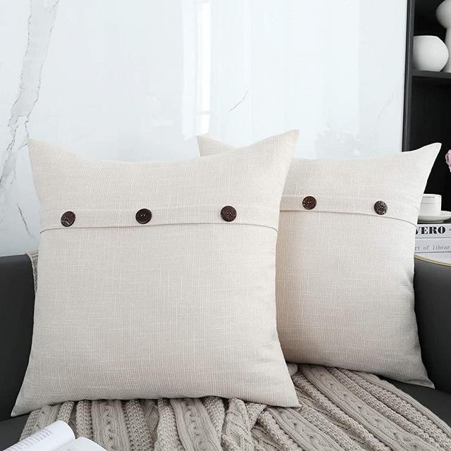 QOPOYU Set of 2 Farmhouse Linen Throw Pillow Covers Decorative Pillows of Triple Button Vintage Pillowcase for Couch Sofa Bed and Chair(Cream 20 x 20 Inch)