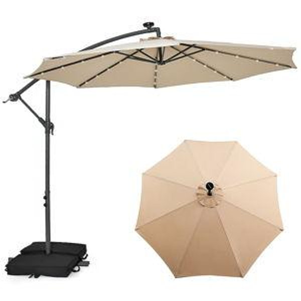 Costway 10-ft Steel Beige Crank Cantilever Patio Umbrella with Lights with Base