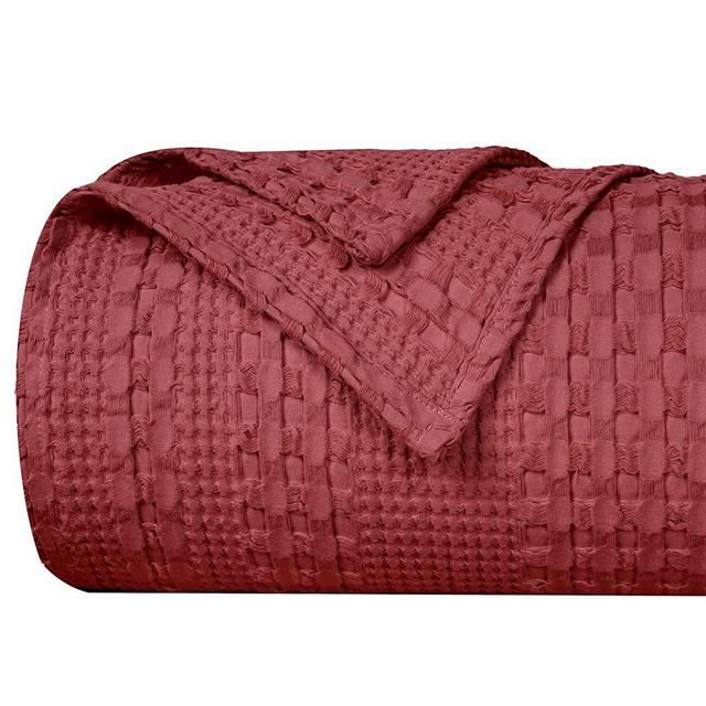 PHF 100% Cotton Waffle Weave Blanket Queen Size 90"x90" Pre-Washed Soft Lightweight Breathable Blanket for All Season-Perfect Blanket Layer for Couch Bed Sofa -Elegant Home Decoration-Wine Red