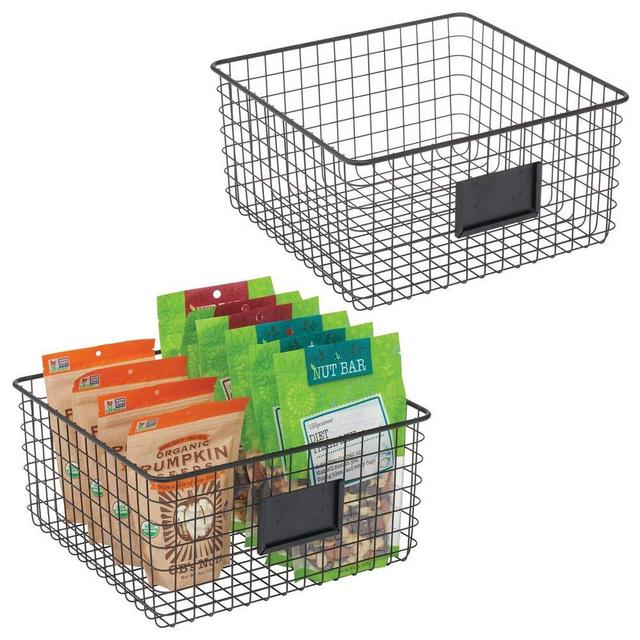 mDesign Farmhouse Decor Metal Wire Food Organizer Storage Bin Baskets with Label Slot for Kitchen Cabinets, Pantry, Bathroom, Laundry Room, Closets, Garage - 2 Pack - Matte Black