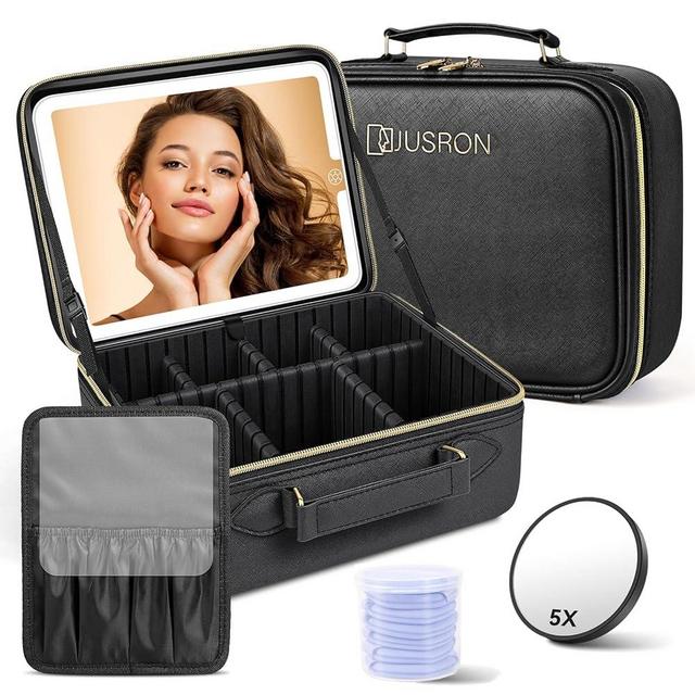 JUSRON Travel Makeup Bag Cosmetic Bag Makeup Organizer Bag with Lighted Mirror 3 Color Scenarios Adjustable Brightness, Waterproof Makeup Train Case