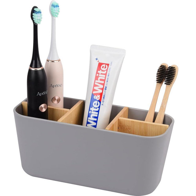 Toothbrush Holders for Bathrooms, Bamboo Tooth Brush Holder with 5 Slots Bathroom Vanity Organizer Countertop for Electric Toothbrushes, Toothpaste, Razors - Grey