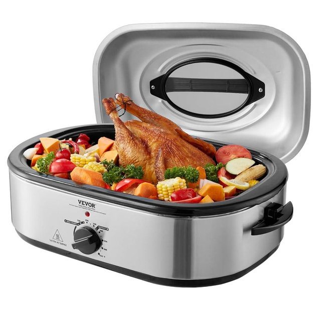 VEVOR Electric Roaster Oven, 22 QT Turkey Roaster with Self-Basting Lid, 1450W Roaster with Defrost & Warm Function, Adjustable Temp, Removable Pan & Rack, Fits Turkeys Up to 26LBS, Silver