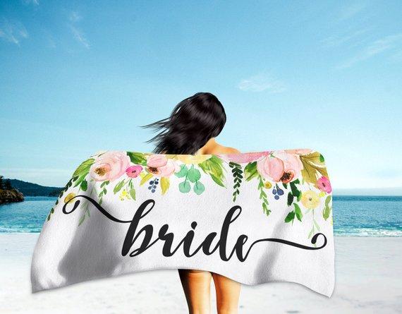 Bride Beach Towel, Honeymoon Beach Towel, Honeymoon Gift, Bride Wedding Beach Towel, Bridal Shower Gift, Gift For Bride, Floral Beach Towel,