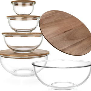 Set of 5 Nesting Glass Bowls with New Updated Acacia Lids for Foodprep, Storage, Mixing & Cooking - Microwave & Oven-ready BPA Free Durable Heat Resistant Inert Borosilicate Glass