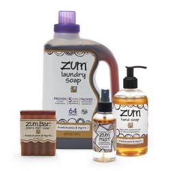 Zum Indigo Wild Home Essentials - Laundry Soap (64 oz) - Liquid Hand Soap (12 fl oz) - Room Spray Air Freshener (4 fl oz) - Goat Milk Soap Bar (3 oz) - Frankincense & Myrrh Scent