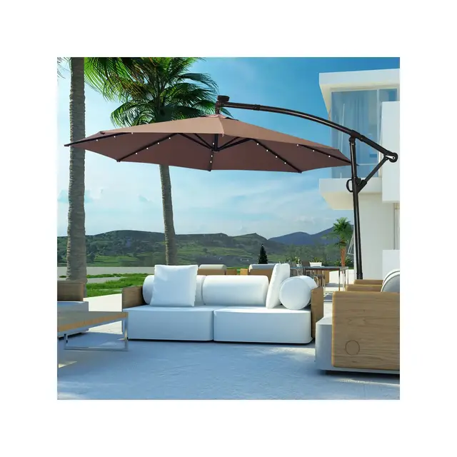 Costway 10FT Patio Offset Umbrella Solar LED 360degrees Rotation Brown