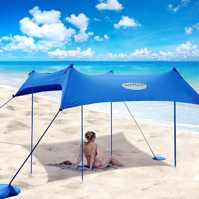 UMARDOO Family Beach Tent with 4 Aluminum Poles, Pop Up Beach Sunshade with Carrying Bag (Blue, 10X9 FT)