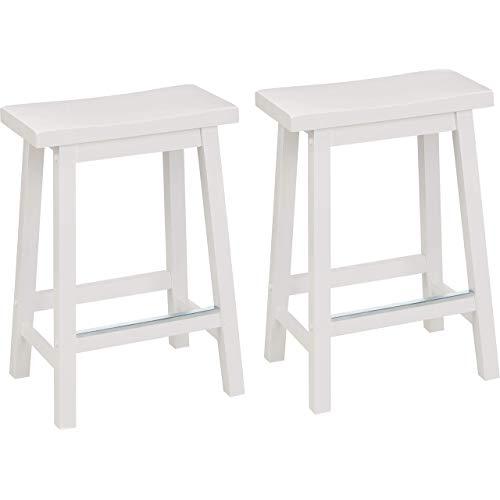 AmazonBasics Classic Solid Wood Saddle-Seat Kitchen Counter Stool with Foot Plate 24 Inch, White, Set of 2
