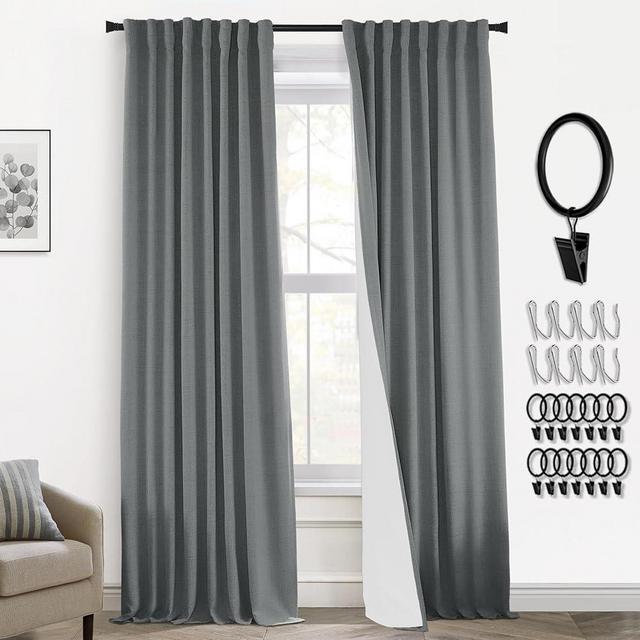 Office Curtains for Windows 96 Inches Long 2 Panel Set Blackout Back Tab Pleated Linen Textured Room Darkening Black Out Masculine Curtains for Boys Bedroom Man Cave 96 Length,Slate Gray Dark Gray