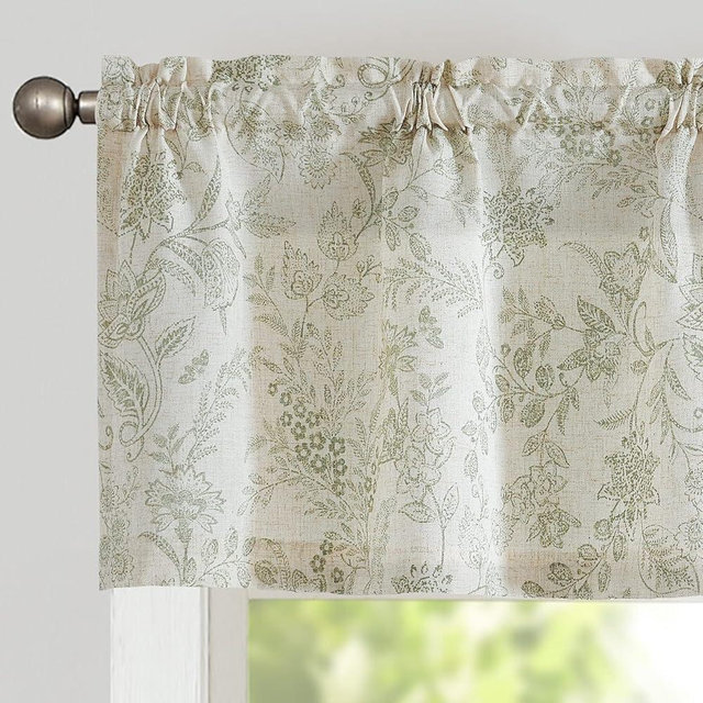 Vangao Farmhouse Linen Valance Curtain for Kitchen Floral Rustic Light Filtering Rod Pocket Window Topper Treatment 16 Inch Green on Beige