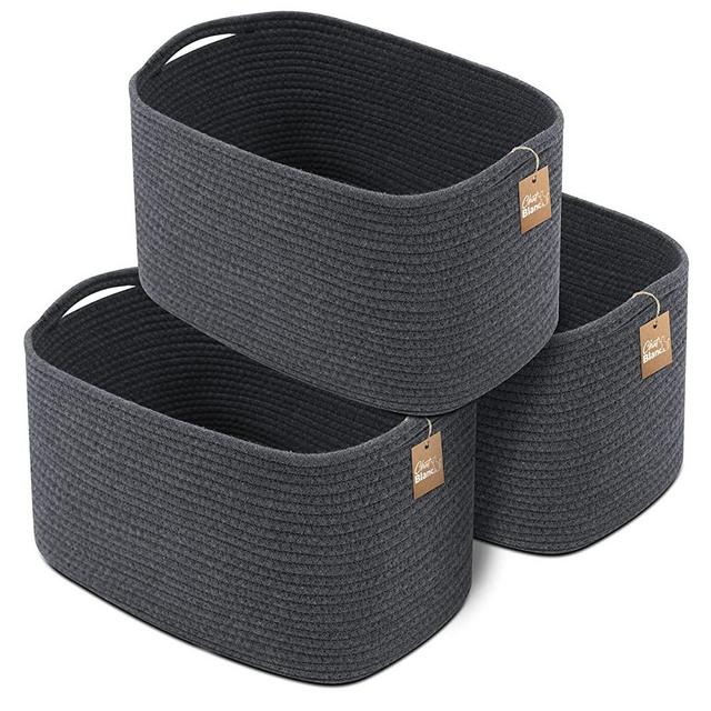 Cotton Rope Basket for Blanket Basket | Nursery Storage | 15"x10"x9" Set of 3 Graphite Medium Storage Baskets for Organizing with Handles works as Wicker Basket, Woven Baskets Storage, Blanket Basket