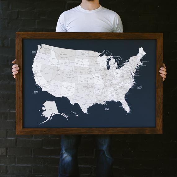 BLACK WALNUT FRAME - United States Push Pin Map, Navy with White Pins, Black Walnut Frame - Personalized