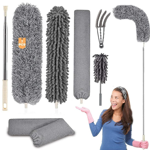 Microfiber Duster Cleaning Kit with 100 Inch Telescoping Extension Pole, Reusable Bendable Dusters, Washable Dusters for Cleaning Ceilings Fan