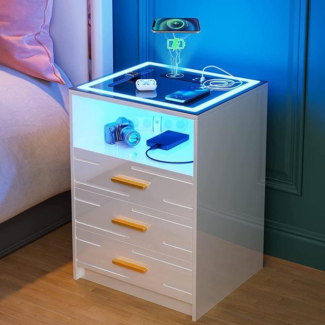 Lvifur High Gloss White LED Nightstand with Wireless Charging Station and 3 Color Dimmable Auto Sensor for Bedroom Furniture,Touch Screen Bedside Table with USB&Type-C Ports and 3 Drawer