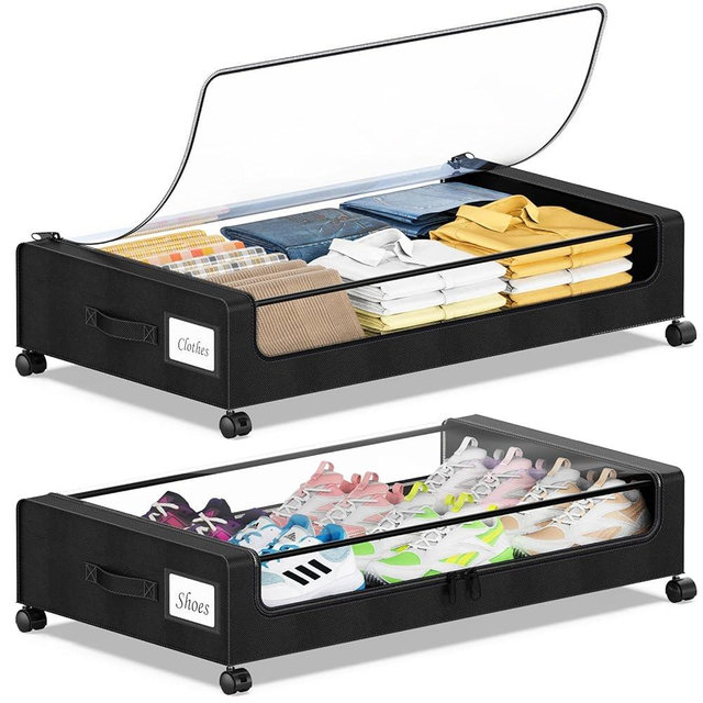 Yeenhoopy Under Bed Storage with Wheels, 2 Pack Under Bed Storage Containers with Clear Lids & Zippers, Under Bed Shoe Storage Organizer, Rolling Underbed Storage for Clothes, Shoes, Blankets (Black)