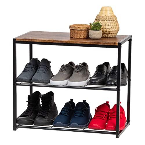 IRIS USA WSSO-3 3-Tier Shoe Storage Organizer, Black with Brown Wood