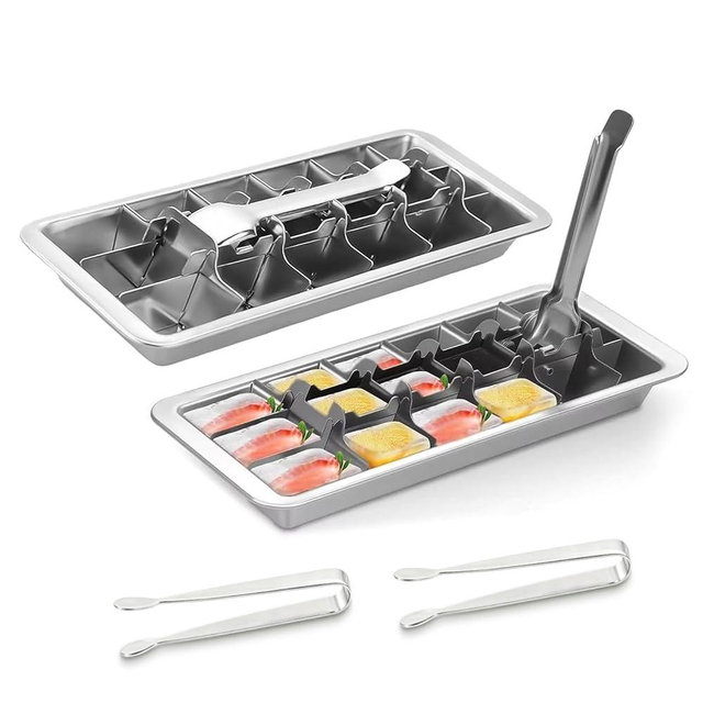 CLIPORE 2 Pcak 18-Slot Ice Cube Trays Stainless Steel - Professional Heavy Duty Metal Icecube Mold, Non-Toxic Freezer Tray with Lever Release, Bar & Kitchen Use, Send Goods from Local Warehouse