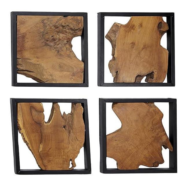 Deco 79 Teak Wood Abstract Handmade Home Wall Decor Live Edge Tree Trunk Wall Sculpture with Black Frames, Set of 4 Wall Art 18"W, 18"H, Brown