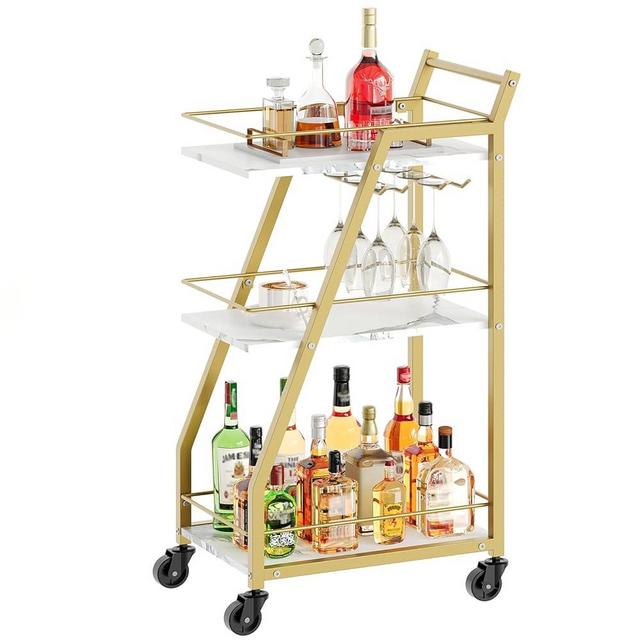 YATINEY Bar Cart, Gold Bar Carts for The Home, Small Bar Cart on Wheels, Beverage Cart, Home Bar Serving Cart with Glass Holder, Drink Cart for Bar, Kitchen, Dining, Marble White and Gold BC03DW
