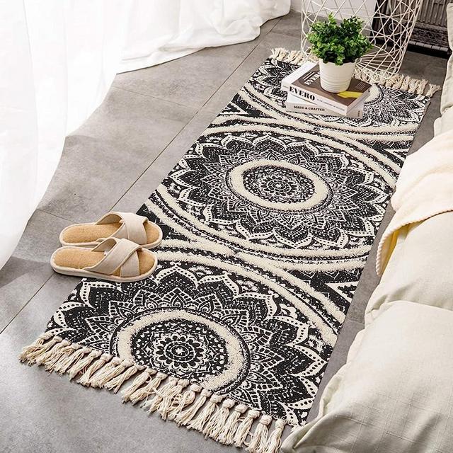 LEEVAN Runner Rug 2'x6' Washable Hallway Runner Rug, Durable Living Room Rugs Boho Rugs for Bedroom Handmade Kitchen Runner Rug Black Cream Entryway Runner Rug Bathroom Runner Rug