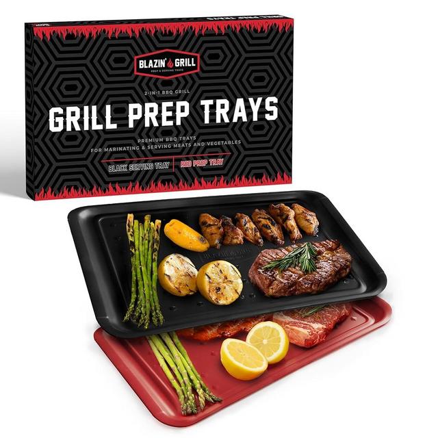 BLAZIN' GRILL Prep and Serve Trays | Set of 2 Stackable, Melamine Trays | Serving Tray & Marinating Tray | Serving Platter for Plating Food & BBQ Prep Tub for Marinating Meats | Grill Accessories |