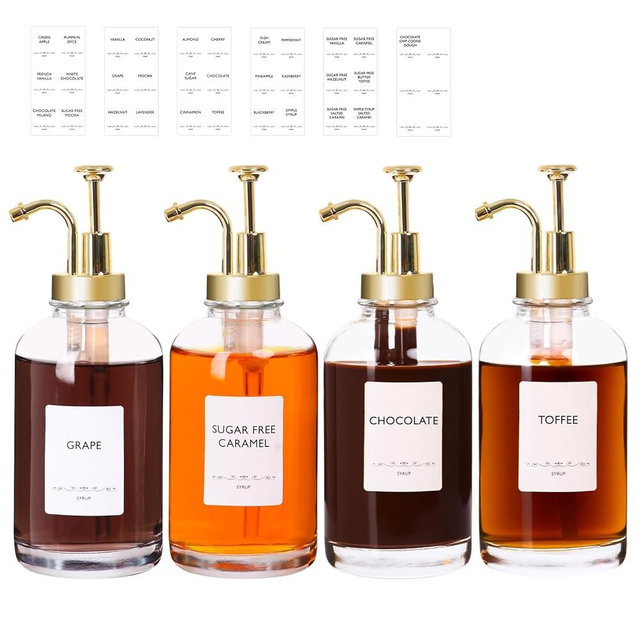 STARSIDE Coffee Bar Accessories 4 Pack - 16.9 oz/500 ml Glass Syrup Dispenser with Leakproof Gold Curved Pumps for Home Coffee, Cafes, Cocktails - Includes 31 Printed Labels, 5 Blank Labels