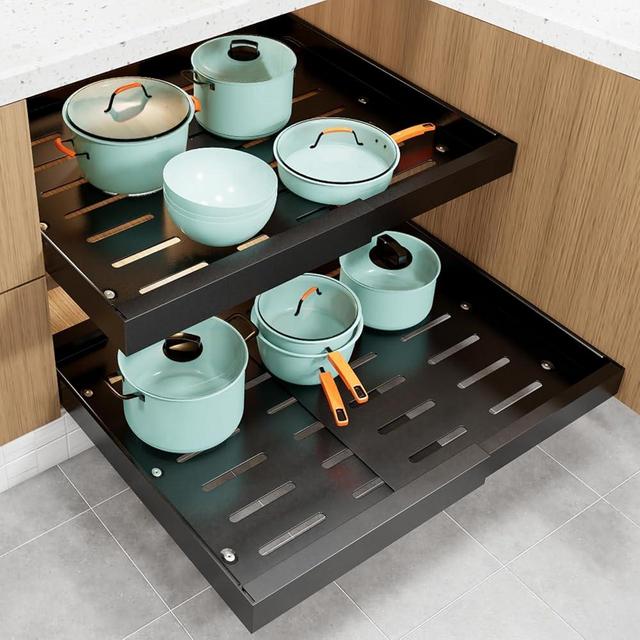 FENGBIAO 2 Pack Pull Out Cabinet Organizer, Expandable 21" Deep Pull Out Drawers for Cabinets Shelves with Adhesive Nano Film, Slide Out Drawers for Kitchen Cabinets, Pantry, Bathroom Storage(Black)