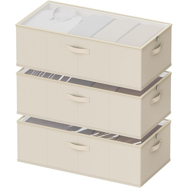 Chizjox 10inch 3 Pack Under Bed Storage Containers, 10 Inch Tall Underbed Clothes Storage Organizer Bin with Clear Window，Foldable Box Basket for Clothes, Closet, Bed Sheets and Blankets Beige