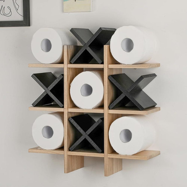 Weysat Tic Tac Toe Toilet Paper Holder Stand Bathroom Wall Decor Rustic Wooden Hanging Storage Freestanding Wall Mounted Shelves Decor for Toilet Tissue Farmhouse