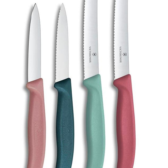 Victorinox Swiss Classic, Paring Knife Set, 4-piece, Sharp Blade, Straight and Serrated Edge, Swiss Made, Rose, Blue, Mint, Red
