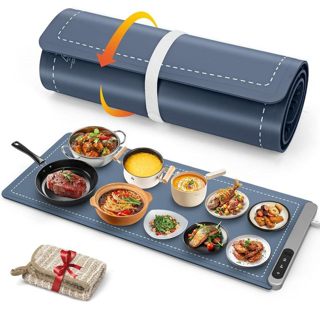 FYY Extra Large Warming Mat for Food - Rapid and Full Surface Heating, 6 Temp Settings, 6H Timer, Rollable Portable Food Warming Mat for Gatherings, Parties, Keep Meal Warm (XX Large Size, Navy)