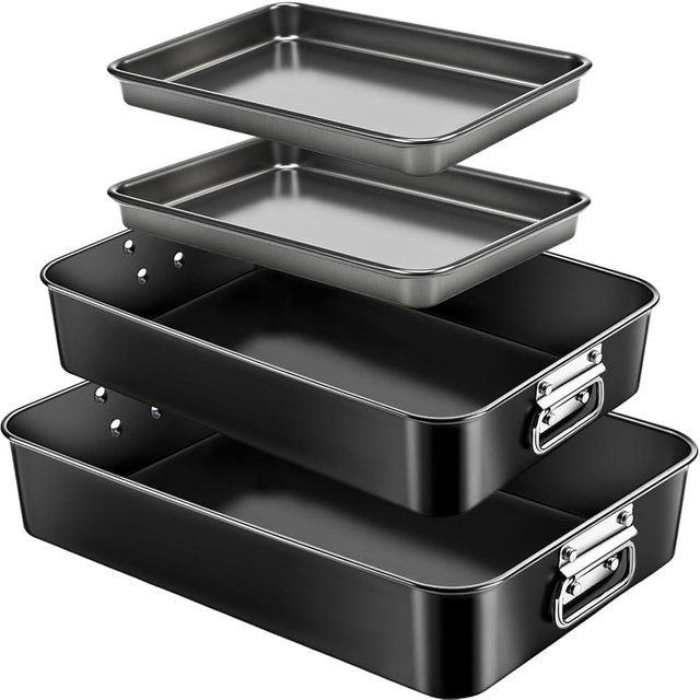 Acellegic 4 Pcs Deep Lasagna Baking Pan for Oven, 16/13.8/10 Inch Baking Dishes for Oven, Roasting Pans with Stainless Steel Handles, Heavy Duty Bakeware for Cake and Brownie