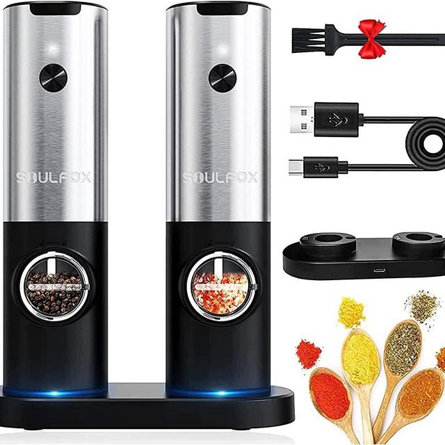 SoulFox Electric Salt and Pepper Grinder Set with USB Rechargeable - No Battery Needed - One Handed Operation - White Light - Adjustable Coarseness Automatic Electronic Spice Mill Shakers Refillable