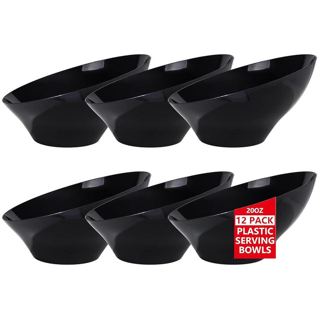 bUCLA 12 Pack Black Plastic Serving Bowls - 20 OZ Angled Bowls Disposable for Chip,Candy,Salad and Fruit - Ideal for Wedding & Party